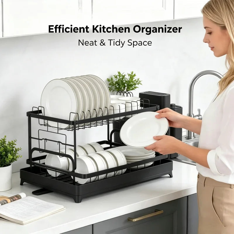 2-Tier Kitchen Dish Drying Rack, Tableware Drain Storage Holder for Bowl, Cup, Chopsticks, Knife and Fork