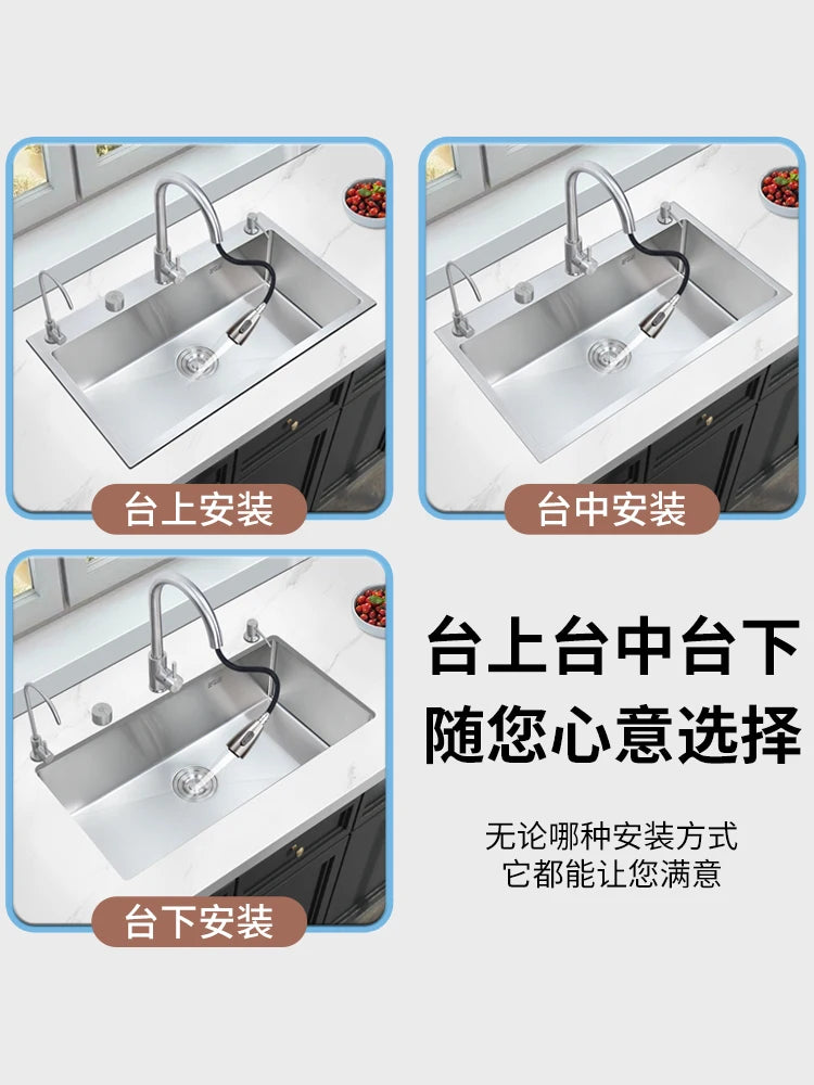 Kitchen Sink Double Change Large Single Sink 304 Stainless Steel Sink Basin Vegetable Basin Under Counter Basin Dishwashing