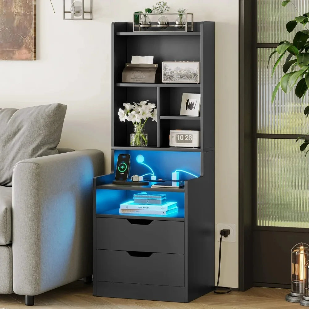 High Leg Bedside Table with Charging Station and LED Light, Bedside Table with Bookshelf, Bedside Table with Drawers, Black
