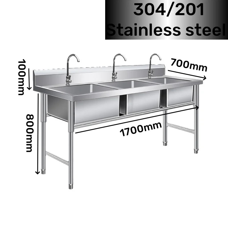 Stainless Steel Kitchen Sink 3-Room Freestanding Sink Standing Sink Handmade 201/304
