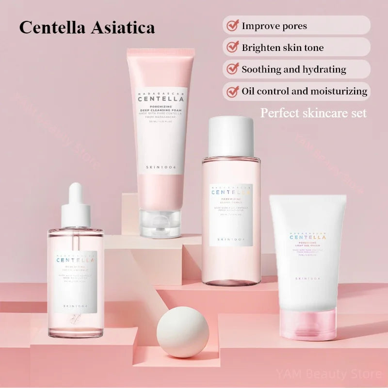 Korean Centella Pink Salt Skincare Set: Toner, Serum, Cleanser & Cream