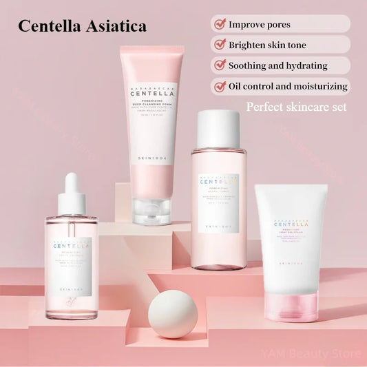 Korean Centella Pink Salt Skincare Set: Toner, Serum, Cleanser & Cream