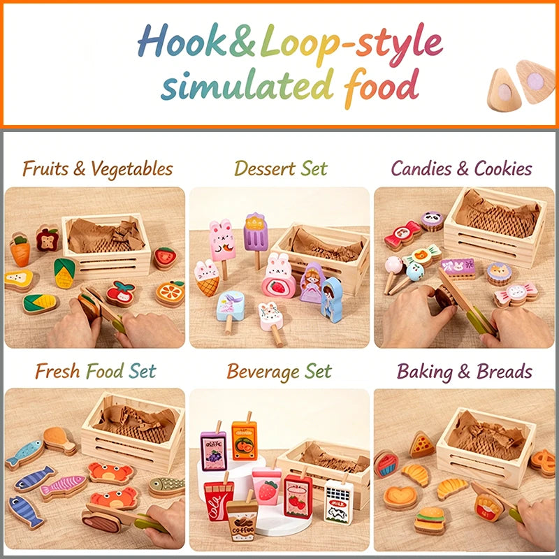 Wooden Kitchen Pretend Play Set Magnetic&Hook Loop Cutting Foods Game Fruits Vegetables Meat Dessert Educational Role Play Toys