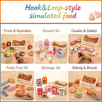 Wooden Kitchen Pretend Play Set Magnetic&Hook Loop Cutting Foods Game Fruits Vegetables Meat Dessert Educational Role Play Toys