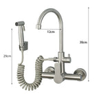 Brushed Nickel Wall Kitchen Sink Faucet with Bidet Sprayer Shower Head Stainless Steel Swivel Dual Hole Cold Hot Water Mixer Tap