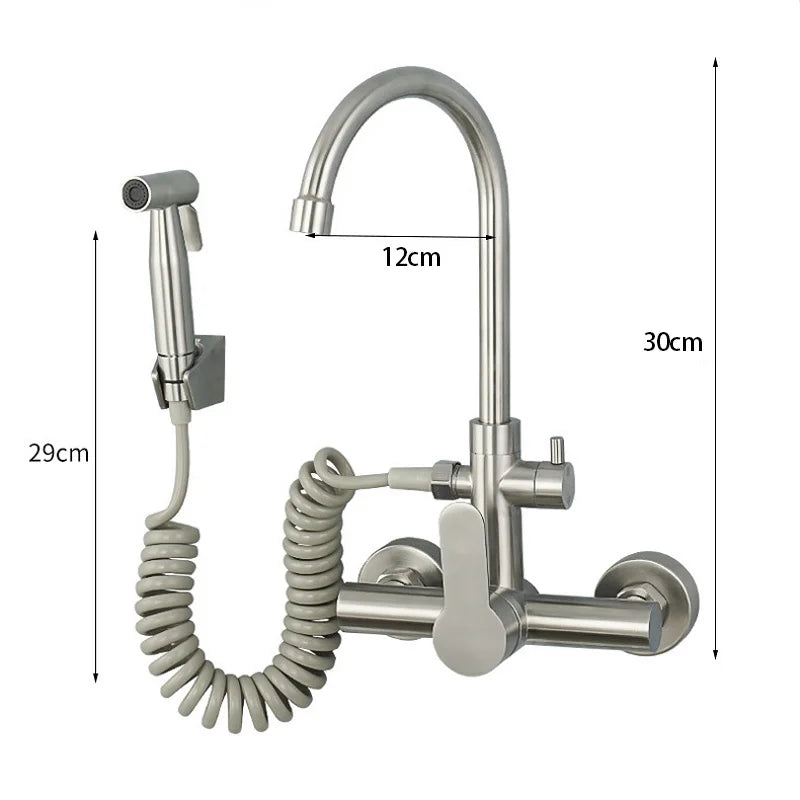Brushed Nickel Wall Kitchen Sink Faucet with Bidet Sprayer Shower Head Stainless Steel Swivel Dual Hole Cold Hot Water Mixer Tap