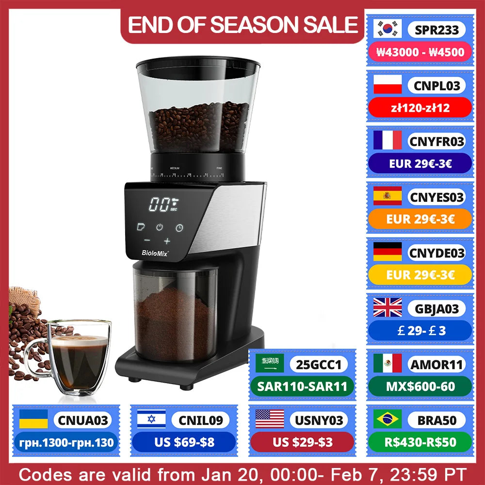 BioloMix Automatic Burr Mill Electric Coffee Grinder with 30 Gears for Espresso American Coffee Pour Over Visual Bean Storage