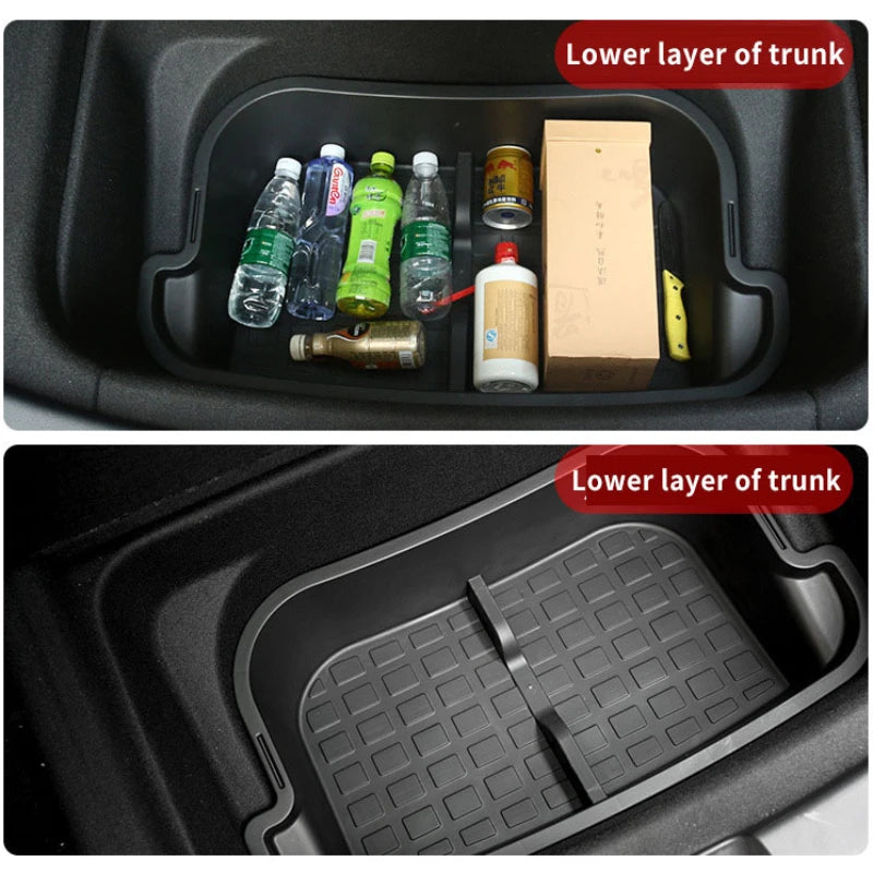 Front & Rear Trunk Storage Box For Tesla Model Y 2024 Double-Deck Luggage Frunk Organizer Box Dustproof Cargo Multi-functional