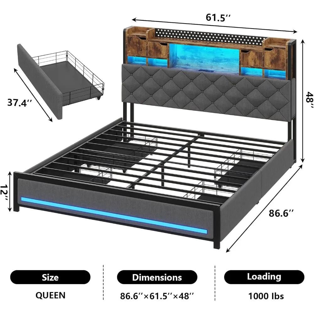 Queen Bed Frame with 4 Drawers and Hidden Storage Headboard,LED Bed Frame with Marshmallow Storage and Charging Station,Light up