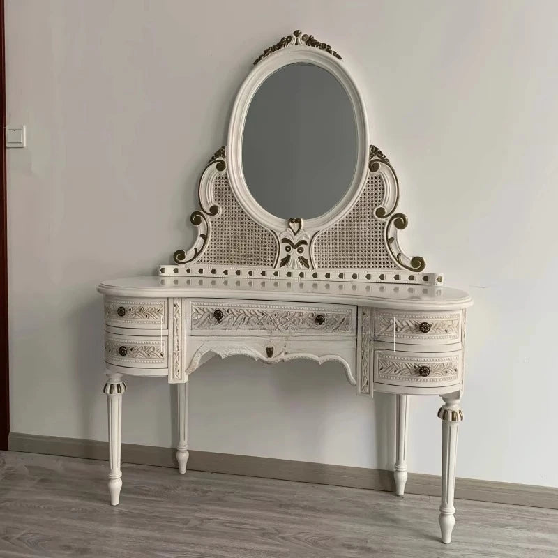 European French retro old solid wood dresser rattan bedroom white makeup table with mirror arc customization