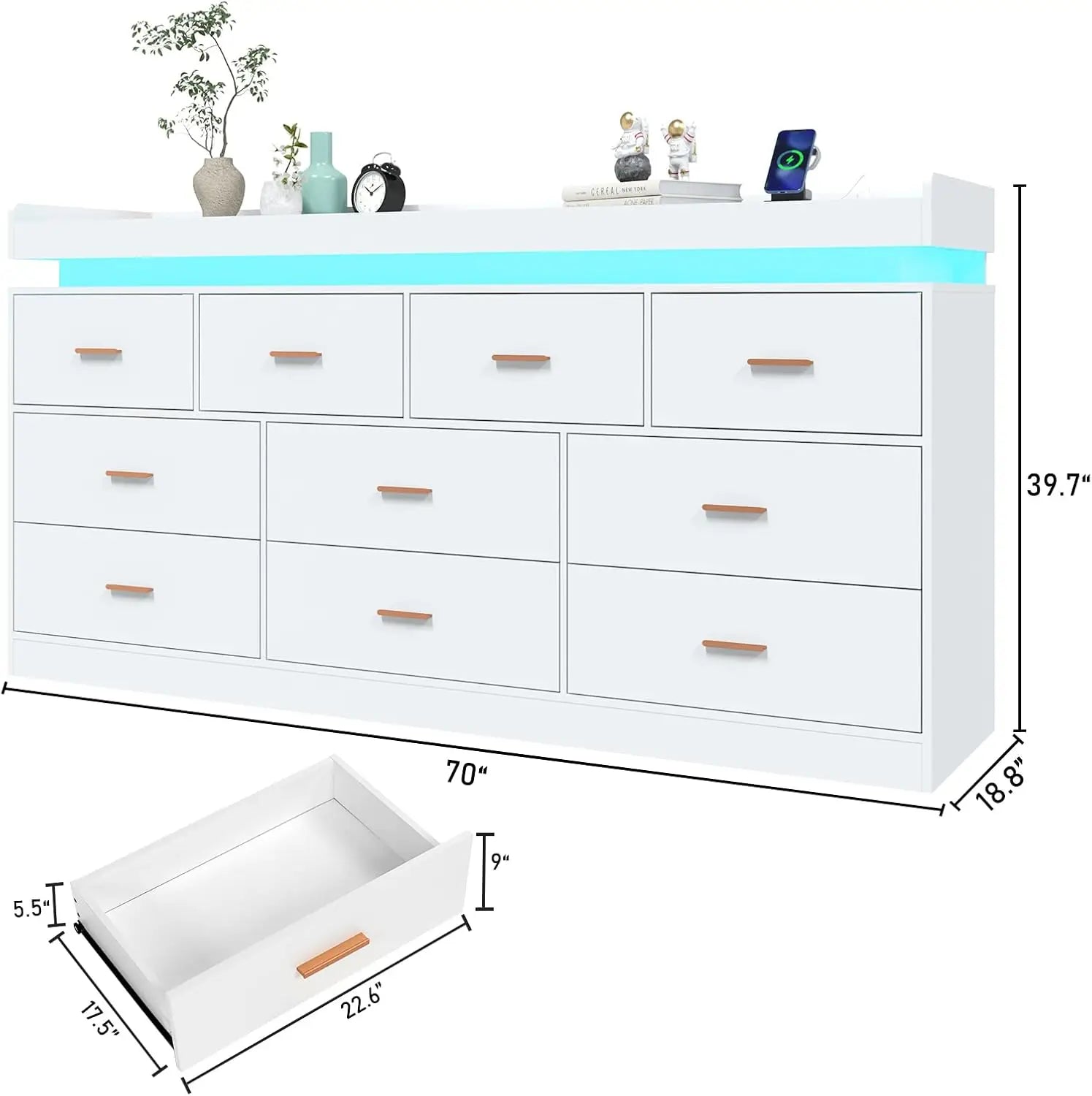 10 Drawer Dresser with LED Light and Charging Station, Modern Chest of Drawers for Closet, Wide Drawer Organizer Cabinet , White