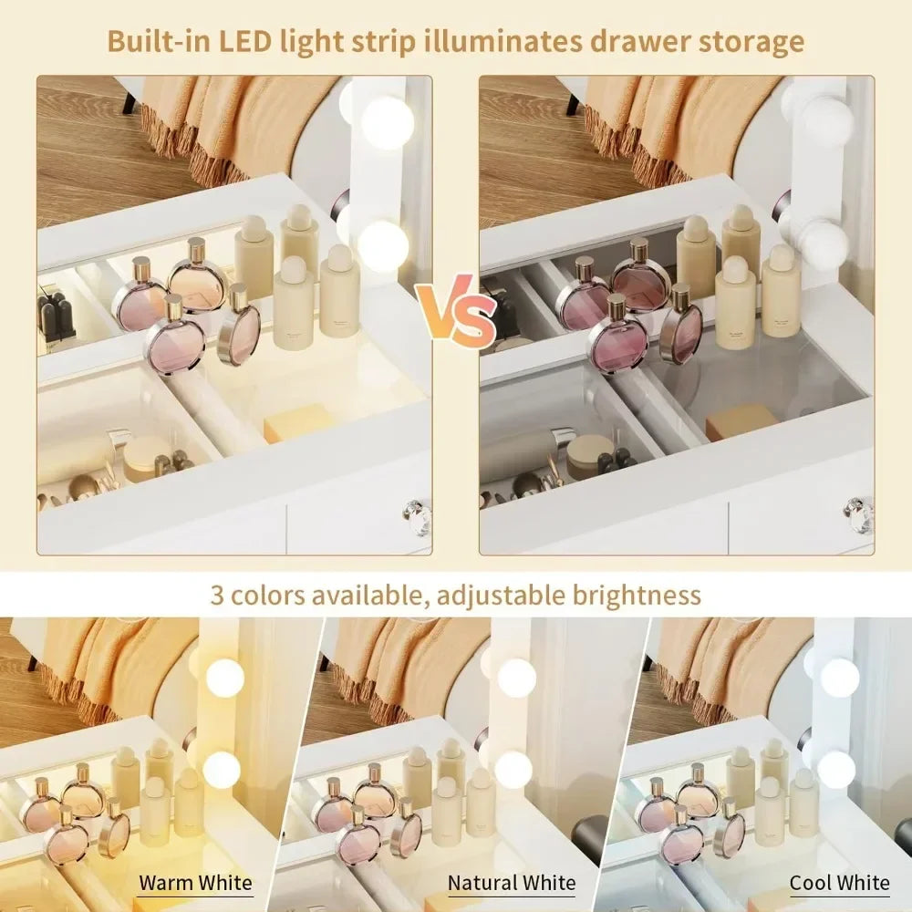 Dressing Table with Illuminated Mirror, with Glass Top and 11 Drawers, 3 Color Lighting Modes, Dresser with Upholstered Stool