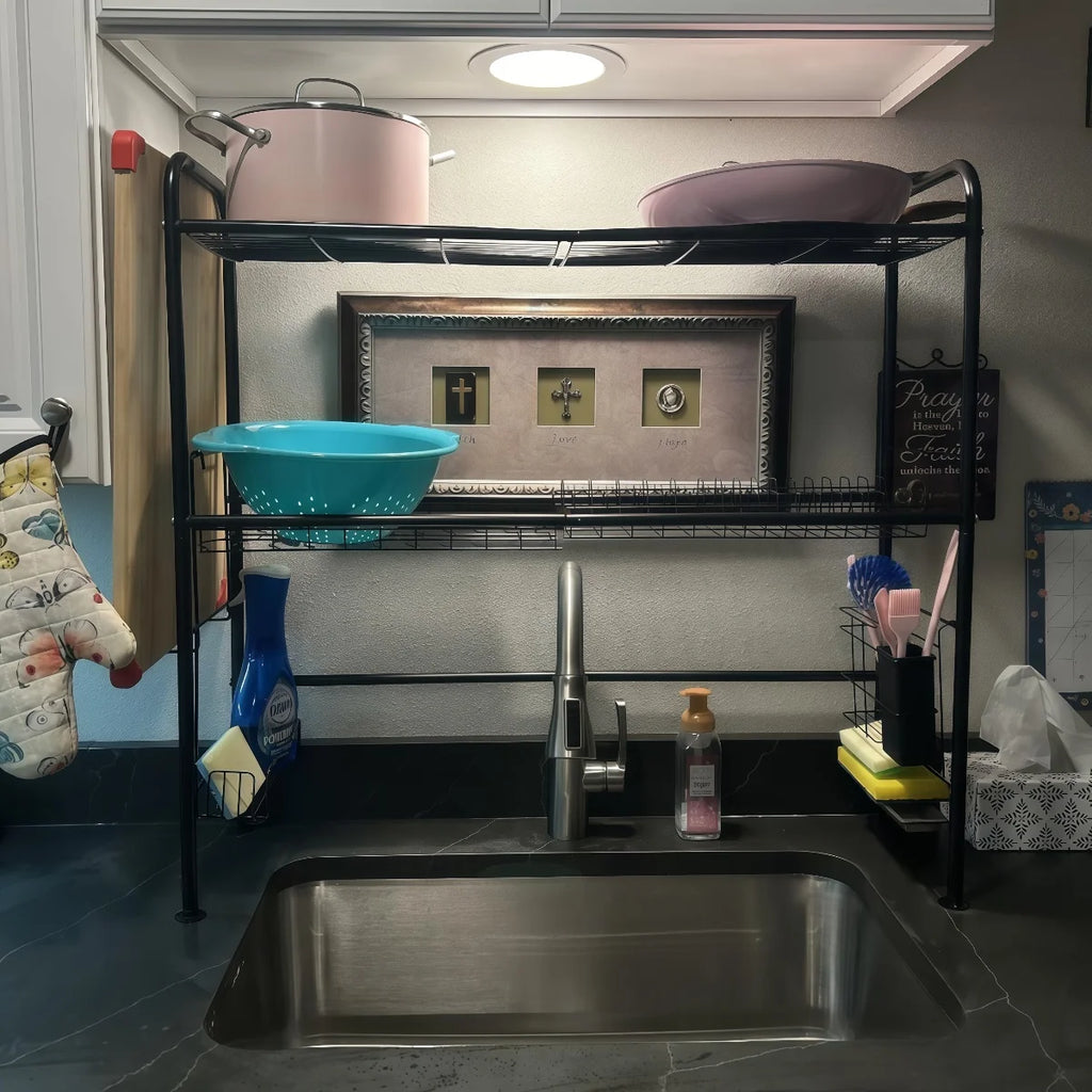 2 Tier Over Sink Dish Drying Rack, Large Metal Kitchen Dish Rack with Utensil Holder, Space Saving Dish Drainer for Kitchen