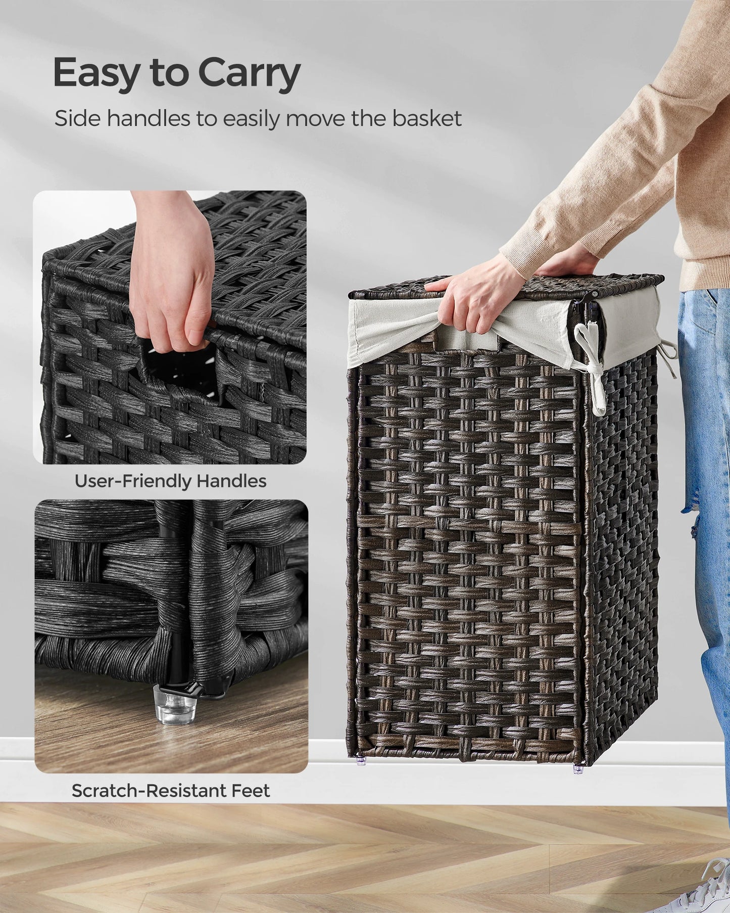 SONGMICS Laundry Hamper with Lid, 23.8 Gallon (90 L) Synthetic Rattan Clothes Laundry Basket with Lid and Handles, Foldable