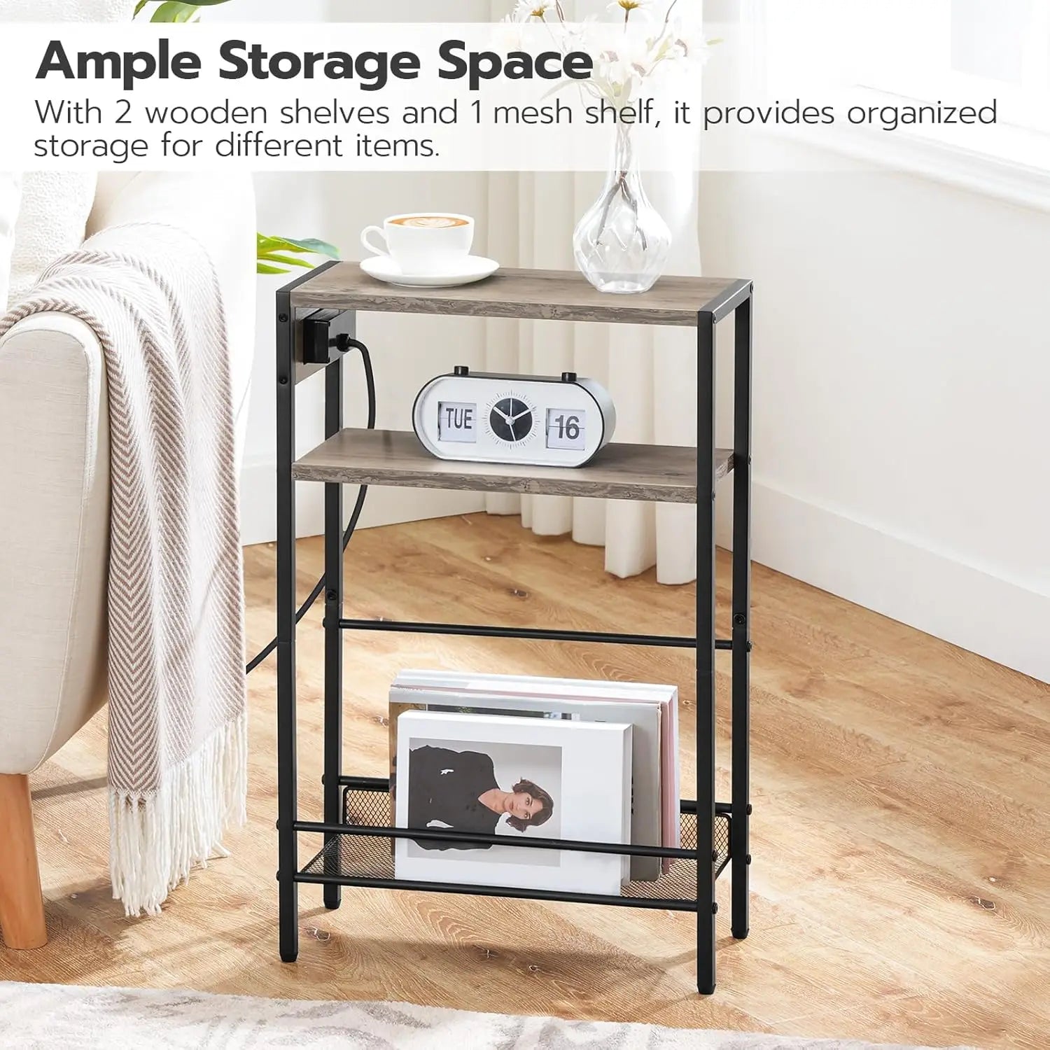 Small Narrow Side Table with Charging Station Set of 2, Skinny End Table for Small Spaces, Slim Nightstand with USB Ports Outlet