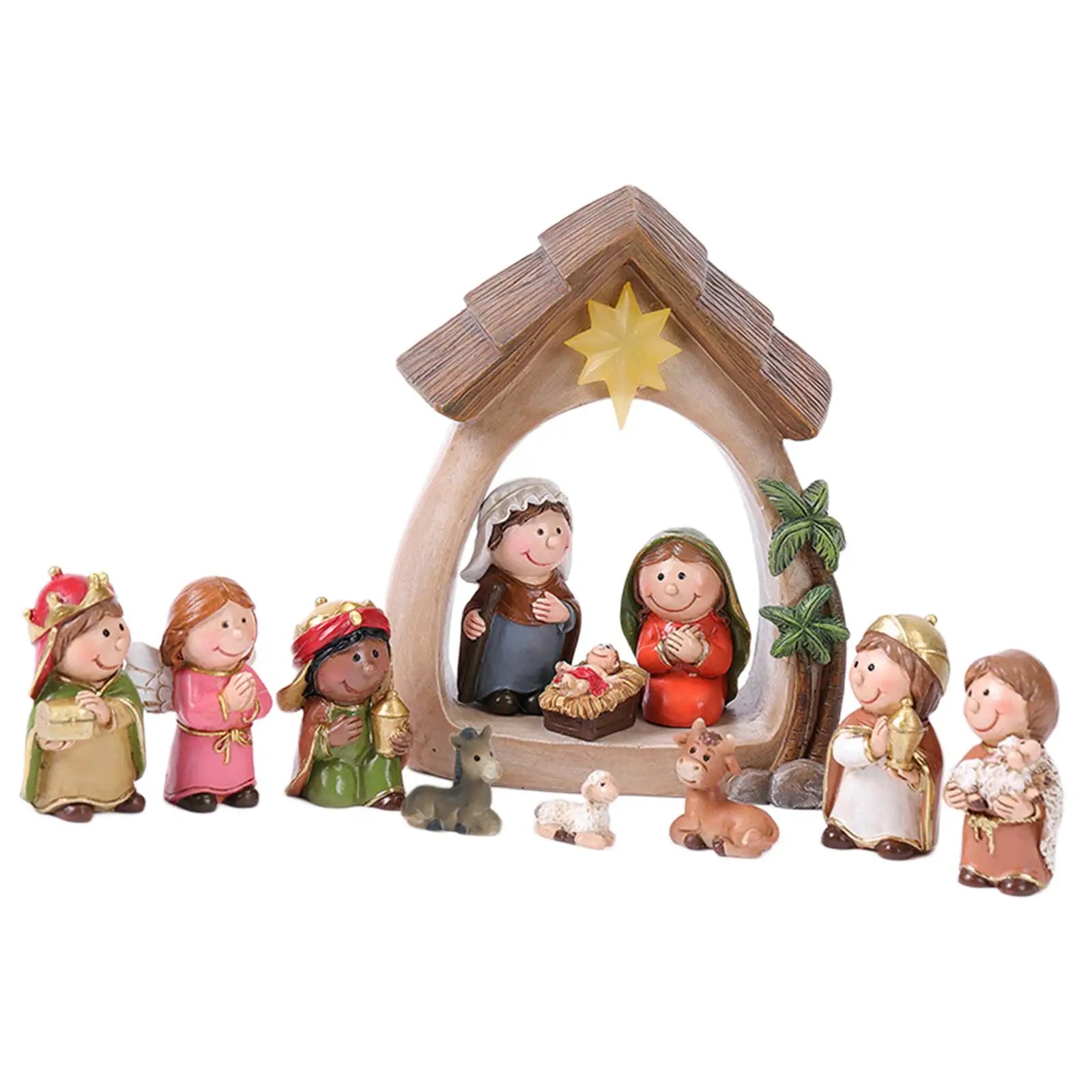12Pcs Christmas Nativity Figurines with Light Resin Holy Family Birth of Jesus for Christmas Tabletop Church Shelf Chapel