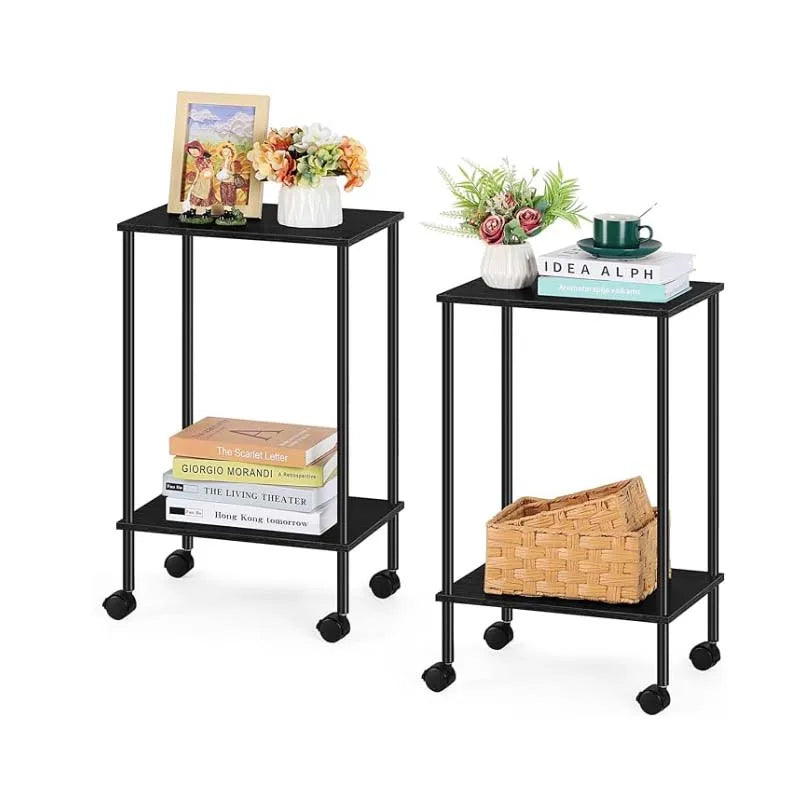Set of 2 End Table with Wheels, 2-Tier Side Table,Side Table with Storage, Table Stand, Nightstand for Living Room Bedroom Table