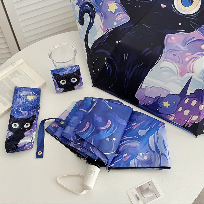 Cartoon Cat Purple Folding Umbrella Professional Sun Protection And UV Protection Umbrella Dual use of Rain and Sunny Automatic