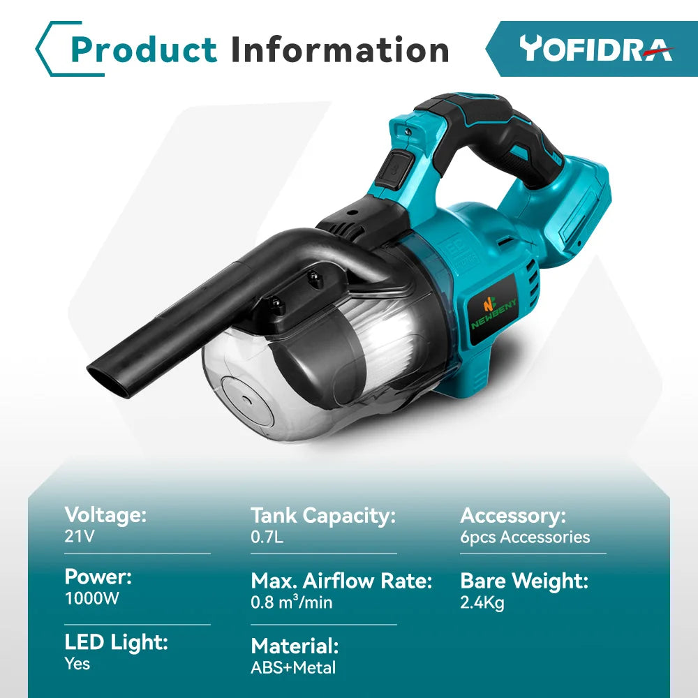 1000W Cordless Electric Handheld Vacuum Cleaner - 21V/18V Battery