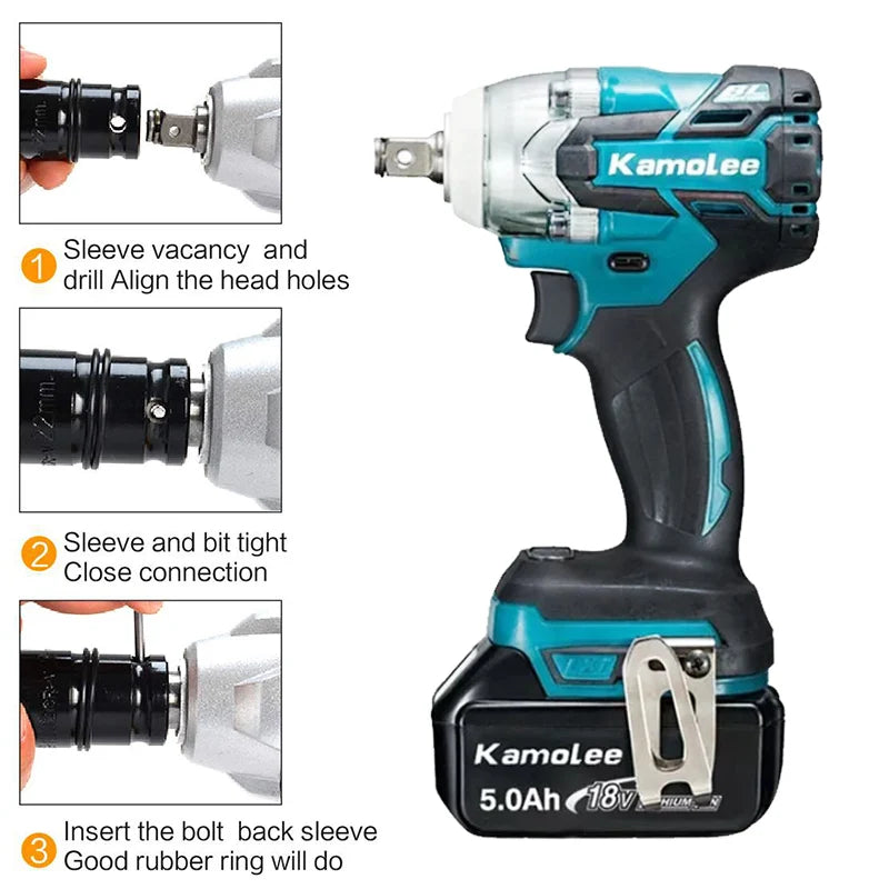 Kamolee 520N.m Brushless Electric Impact Wrench 1/2 and 1/4 Inch Household Wireless Charging Small 18V Battery Wrench Tool