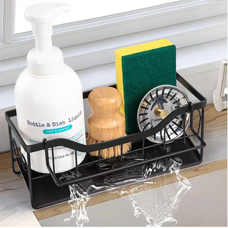 Multifunctional Kitchen Sink Storage Rack - Metal Sponge Holder, Dishwashing Liquid Storage Box, and Self-Draining Tray - No-Drill Installation, Compact Storage, High-Quality Manufacturing, Kitchen Sink Accessories, Sink Storage Rack