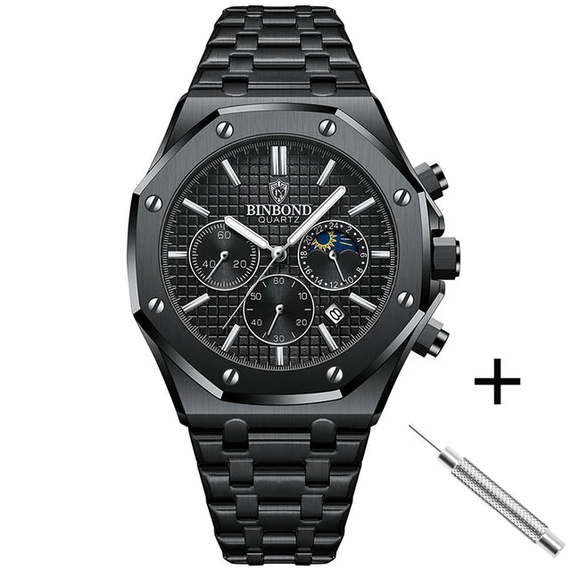 BINBOND B0161 Men's Luxury Luminous Waterproof Stainless Steel Watch