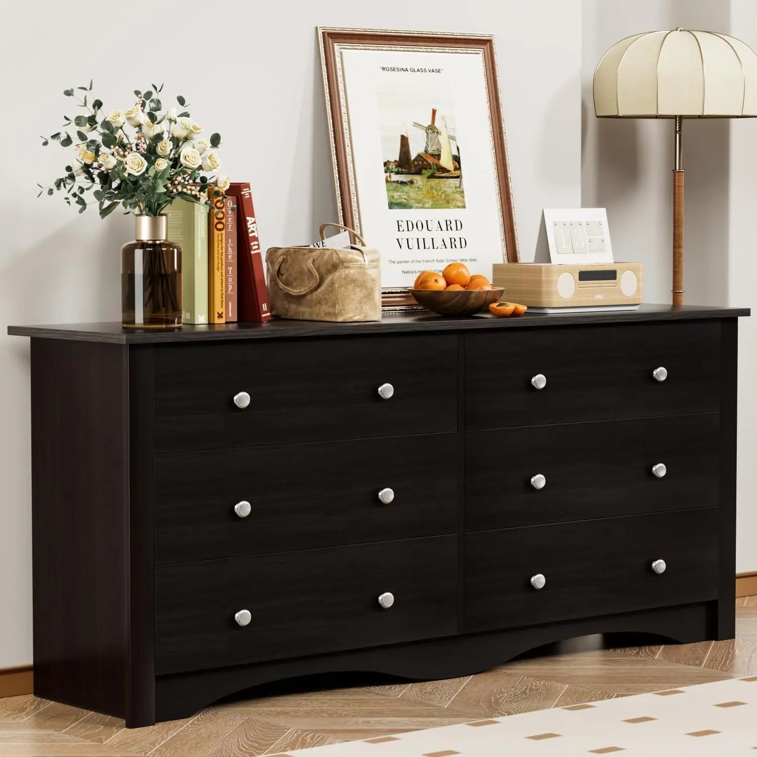 Dresser for Bedroom with 6 Drawer, Wood Wide Chest Storage Organizer and TV Stand for Living Room, Hallway, Dormitory