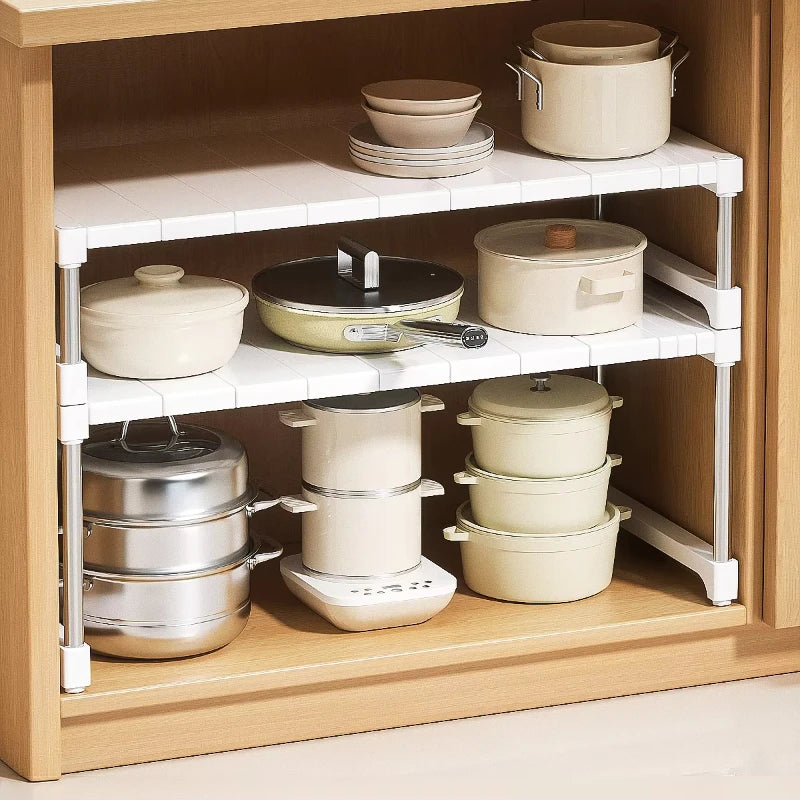 Expandable Kitchen Cabinet Storage Rack Pot Organizer Divider Adjustable Sink Storage Shelf Home Organization Solution