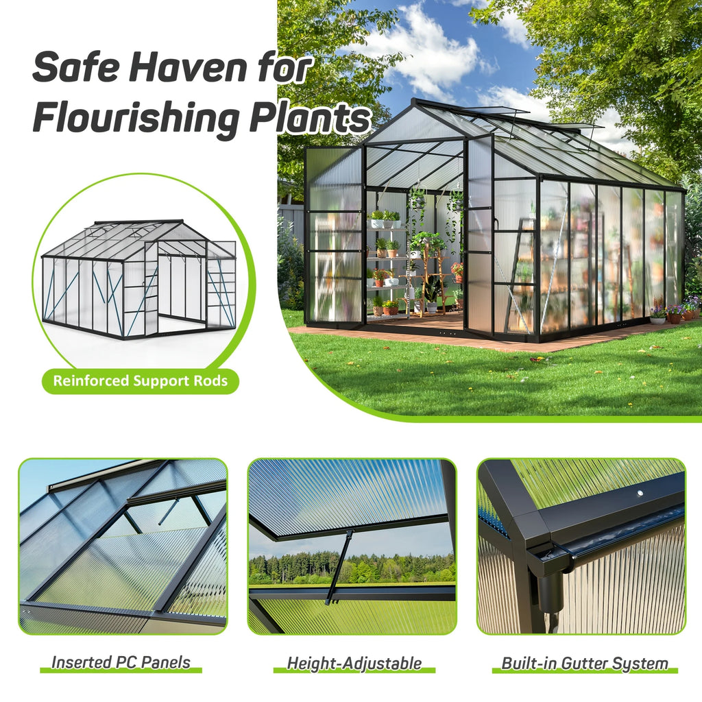 Polar Aurora 10x12FT Polycarbonate Greenhouse Aluminum Frame w/ Vent Windows - Walk-in Easy Assembly for Backyard Garden