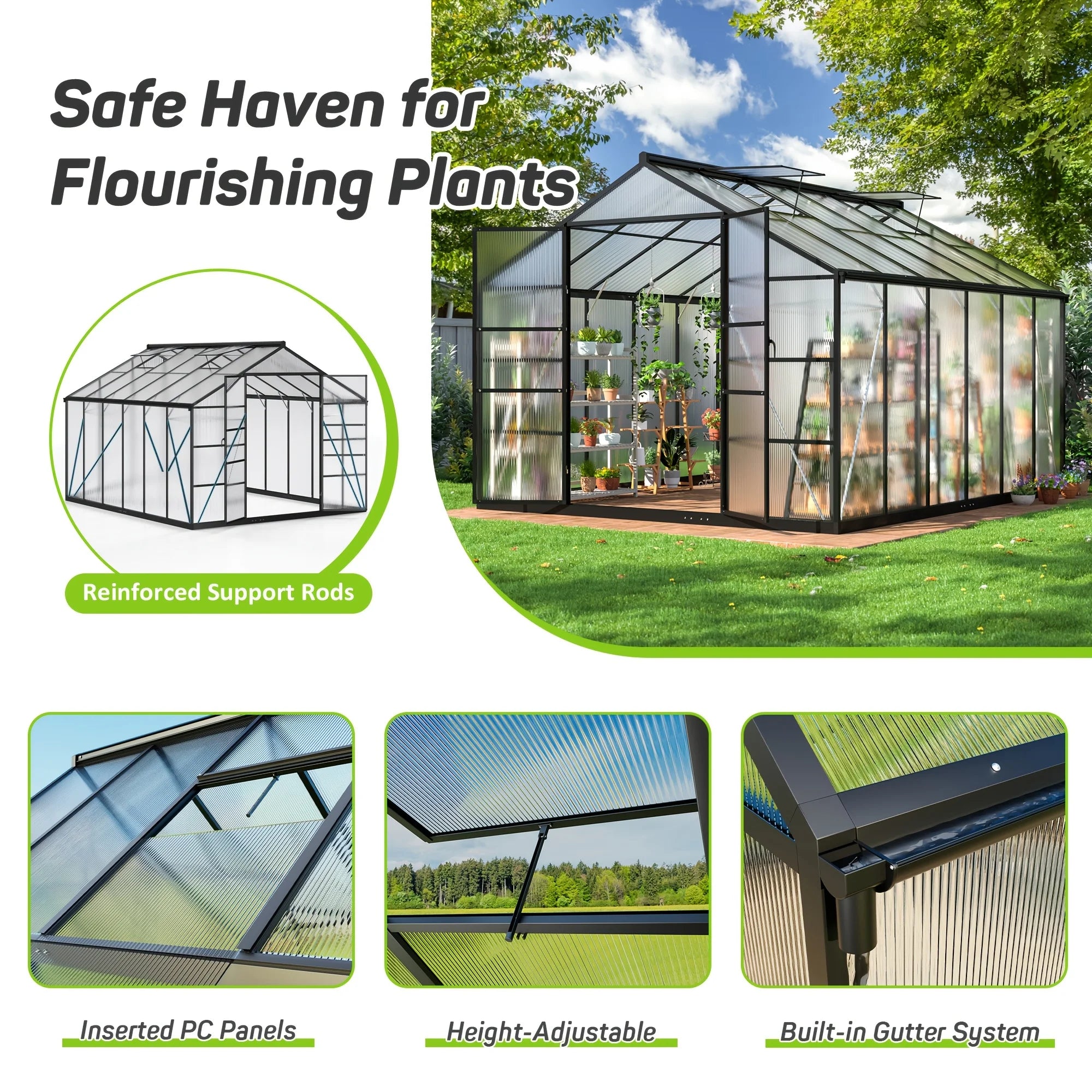 Polar Aurora 10x12FT Polycarbonate Greenhouse Aluminum Frame w/ Vent Windows - Walk-in Easy Assembly for Backyard Garden