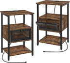 Nightstand with Charging Station, End Table with Power Outlets and USB Ports, Farmhouse Side Table with Drawer and Storage Shelf
