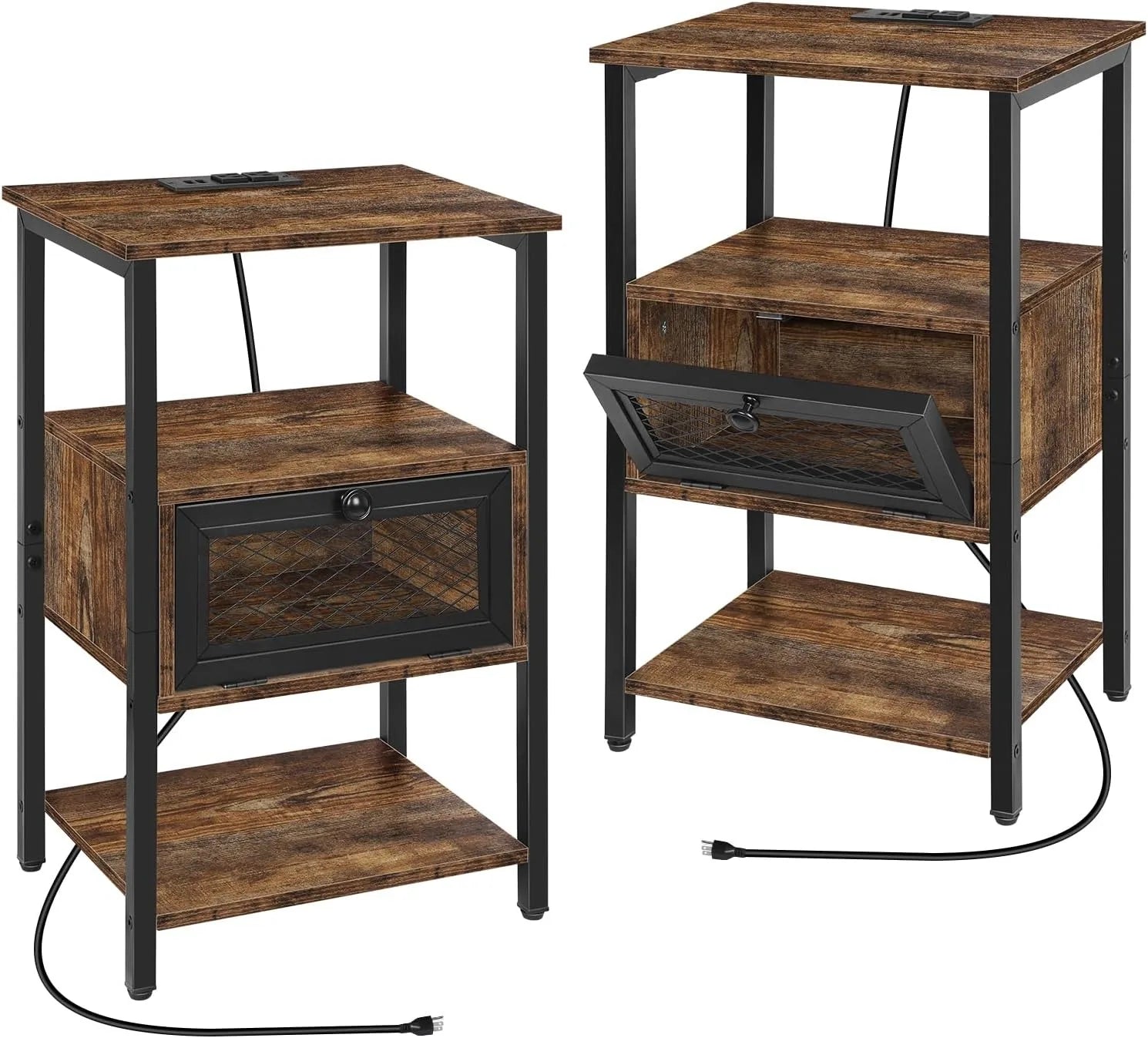 Nightstand with Charging Station, End Table with Power Outlets and USB Ports, Farmhouse Side Table with Drawer and Storage Shelf