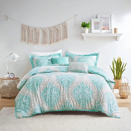 Comforter Set Twin/Twin XL Size, Aqua Blue/Gray, Damask, 4 Piece Bed Sets, All Season Ultra Soft Microfiber Teen Bedding, Great