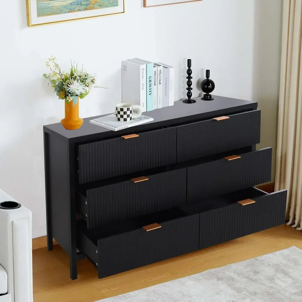 Fluted 6 Drawer Double Dresser for Bedroom, 47" Wide Modern Closet Dressers Chest of Drawers, Wood Storage Dresser Organizer