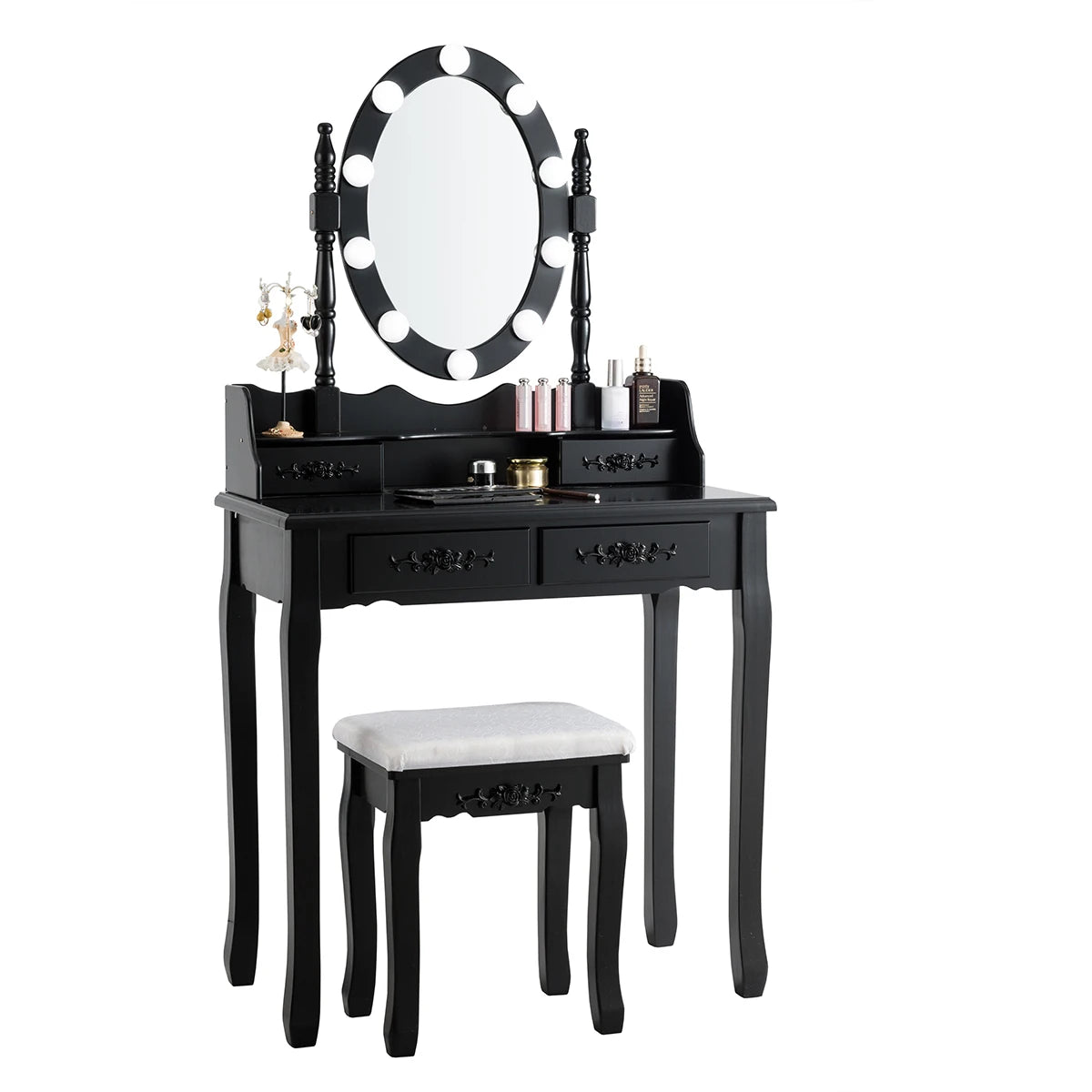 4 Drawers Vanity Table Dressing Table W/10 Dimmable Bulbs &Touch Switch Black