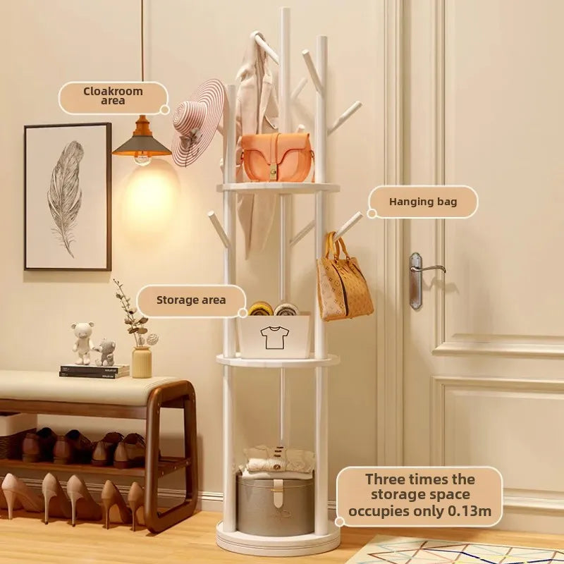 Rotating Wooden Coat Rack Durable Floor Standing Clothes Hanger Bedroom Clothes Rack Stand Space-Saving Storage Rack