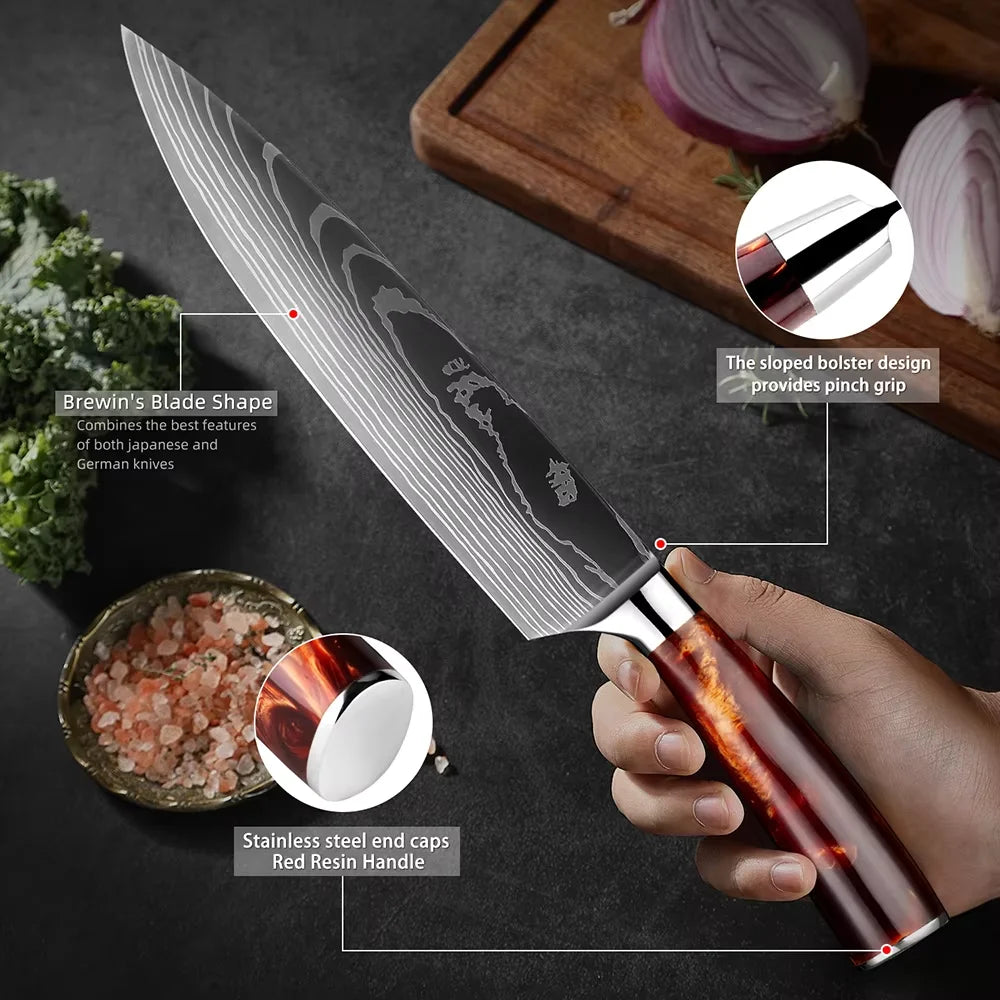 XITUO Kitchen Knife Set 15PCS With Wooden Block,Laser Damascus Pattern Steel Professional Chef Knife,With Scissor Sharpening Rod