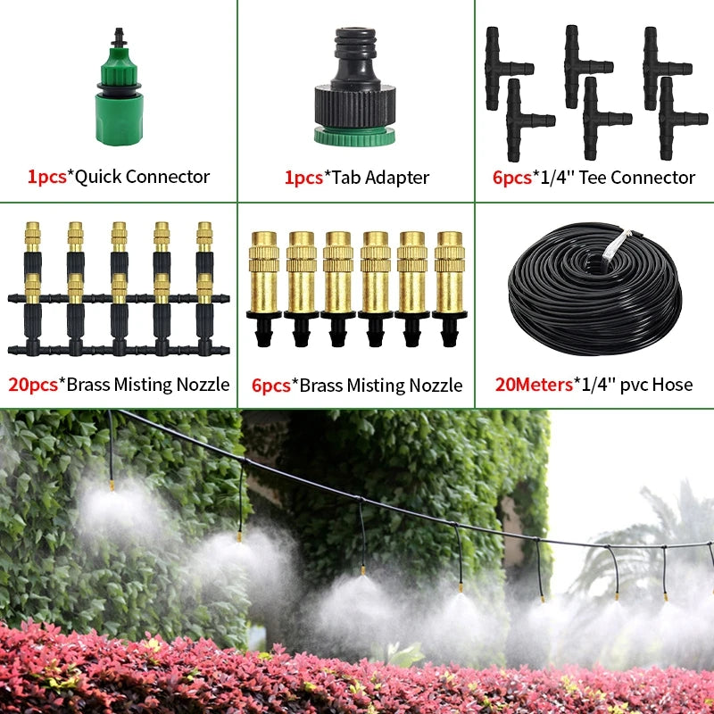 10-30M Outdoor Misting Cooling System 4/7PVC Garden Irrigation Watering Adjustable 1/4'' Brass Atomizer Nozzles Micro Sprinklers