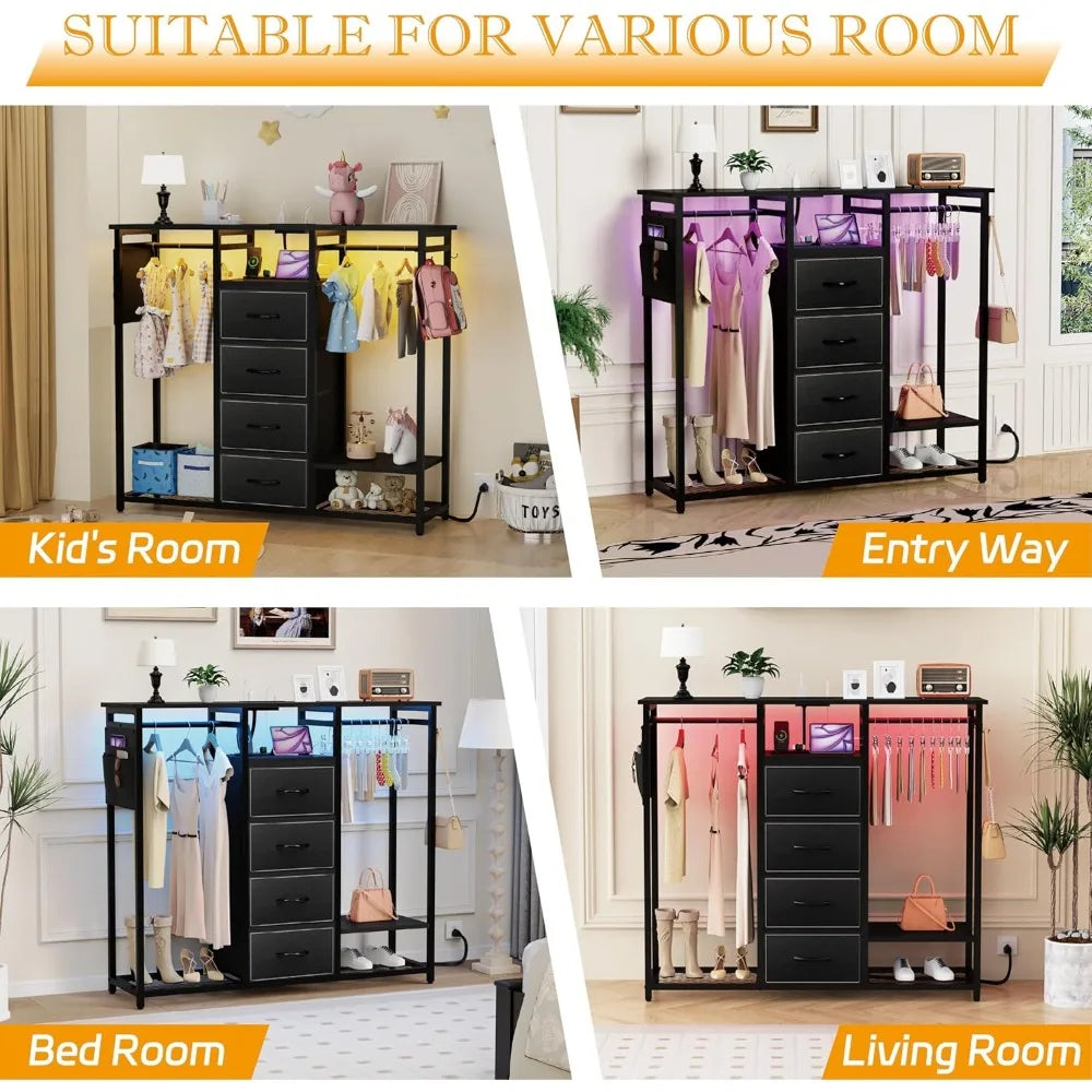 Dresser for Bedroom with 2 Clothes Racks, 4 Drawer Closet with Led Light and Charging Station, Black Wardrobe with Hanging Rack,