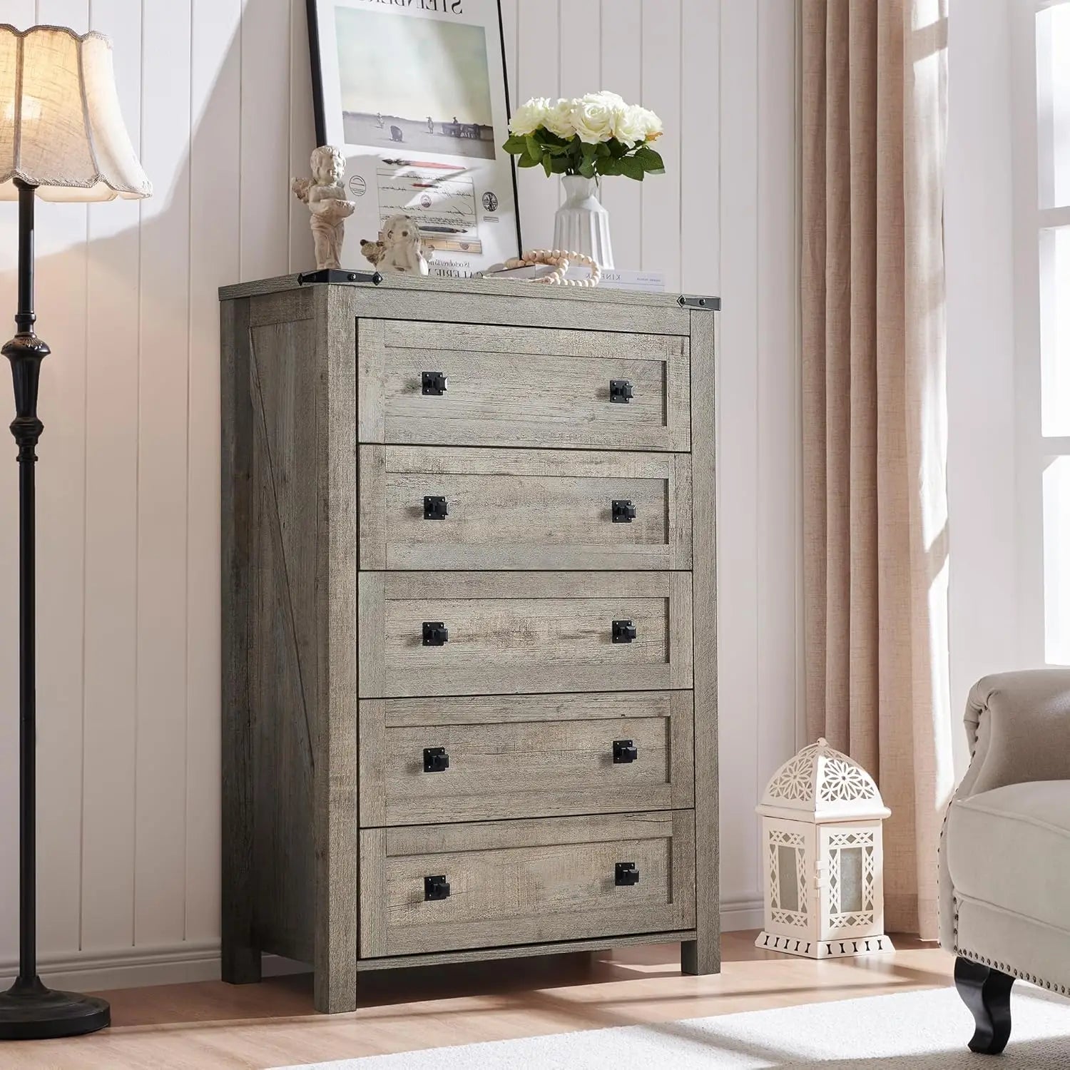 Farmhouse 7 Drawers Tv Stand, Wood Rustic, Storage Dressers Organizer for Bedroom, Living Room,Hallway, Light Rustic Oak
