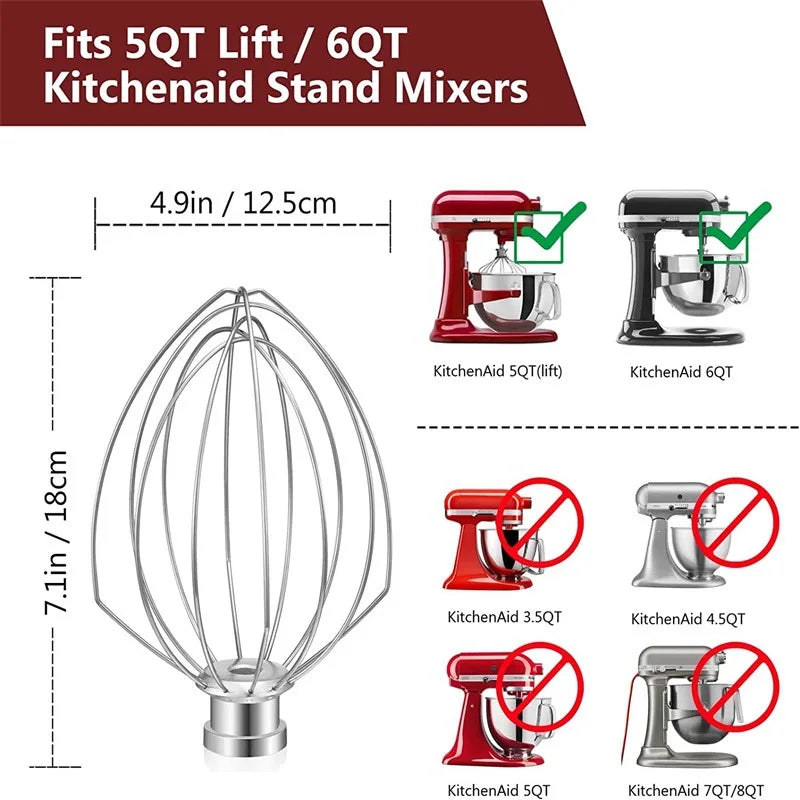 6 Wire Whisk Attachments Compatible with KitchenAid 5Plus-6Quart Mixer, Bowl Lift Stand Mixer Accessories, 6-Quart Stainless Ste