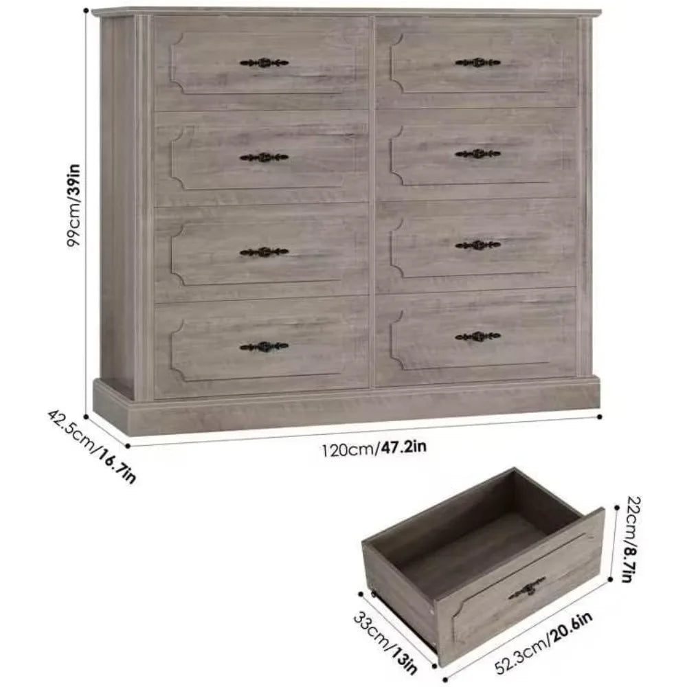 Grey Dresser Chest of Drawers, 47.2” Farmhouse Wood Dresser 8 Drawer with Steel Handles, Modern Drawers Floor Storage Cabinet f