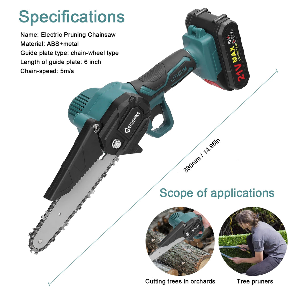 Geevorks 6 Inch Chain Saw Cordless Handheld Pruning Chainsaw Woodworking Electric Saw Cutting Power Tools