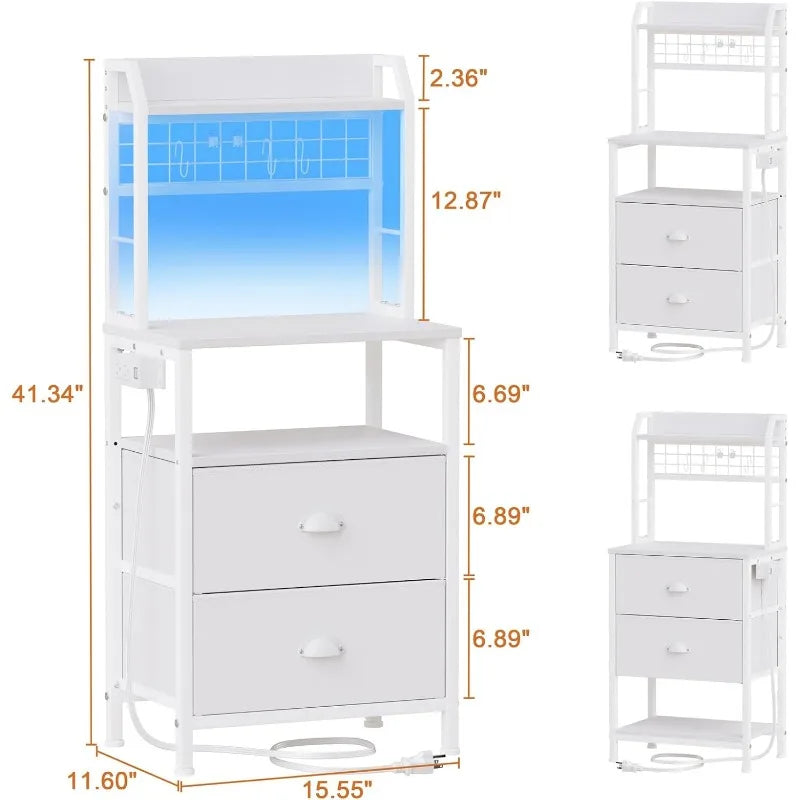 41'' Tall Nightstand with Charging Station, Bedside Table with LED Lights, End Table with 2 Drawers and Storage Shelves