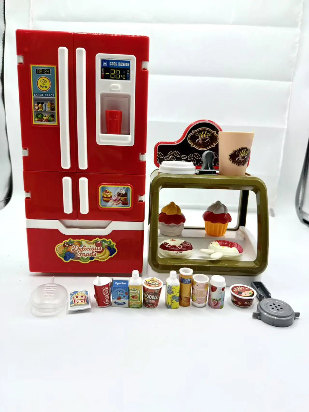 Kitchen Pretend Play House Set Spray Water Vapor Mini Fridge Kitchen Fast Food Burger Fries Dessert Educational Role Play Toys