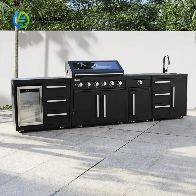 Customized Modern Outdoor Kitchen Cabinets Stainless Steel Gas Grill Worktop 304 Cabinet with Acrylic Door Panel Outdoor Storage