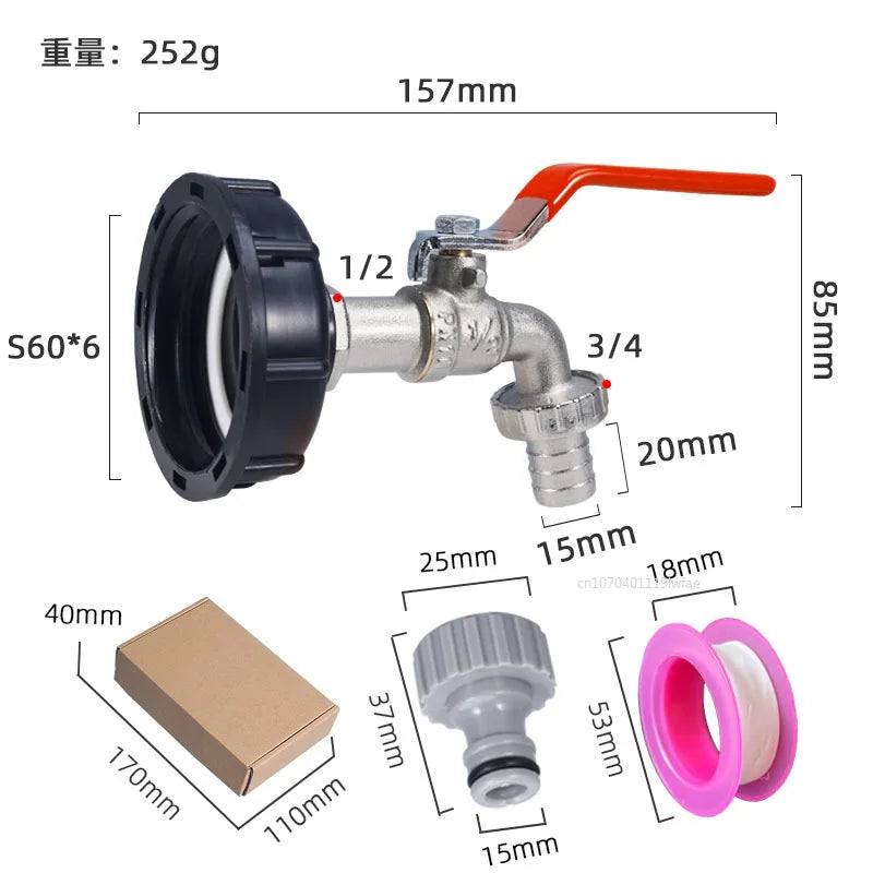 S60 Coarse Thread IBC Tank Tap Connecter x 16mm 1/2'' 3/4'' Water Coupling Adapter Garden Home Replacement Valve Fitting Faucet