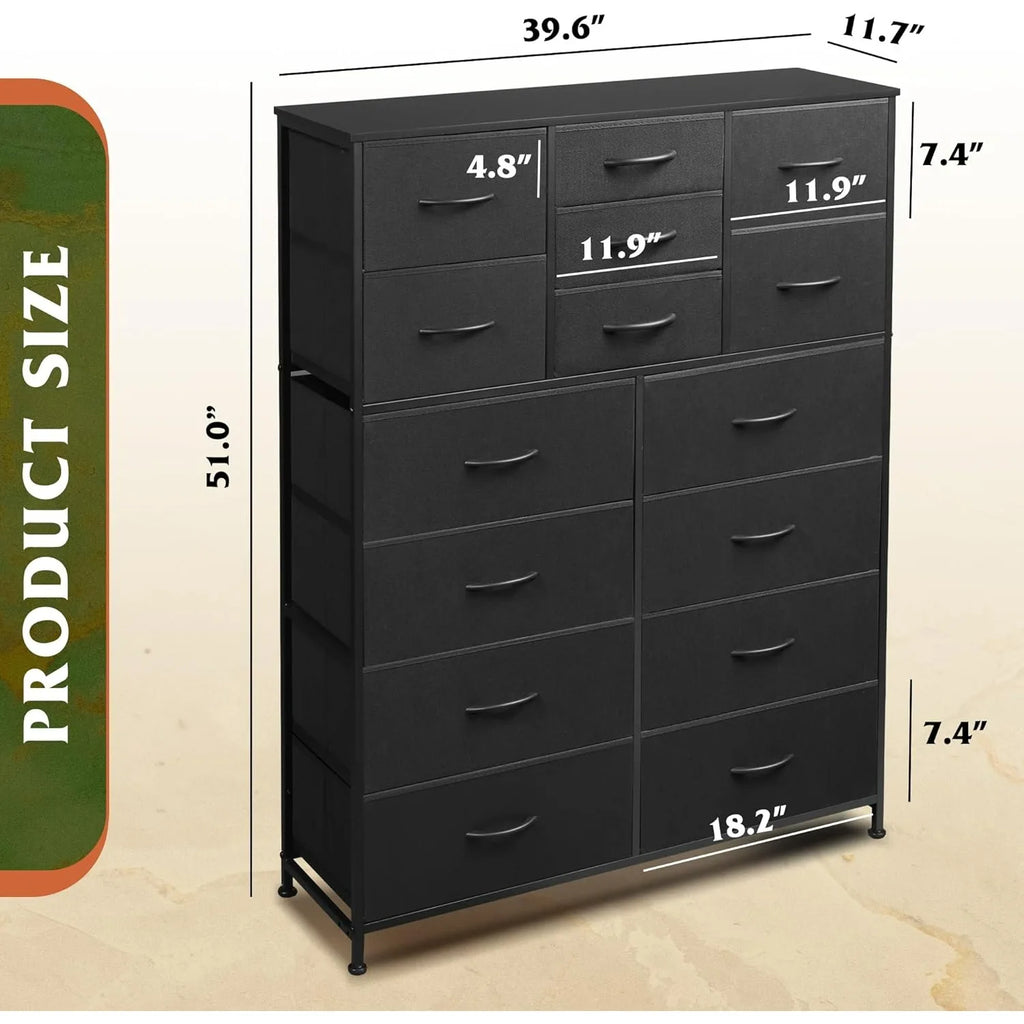 Tall Black Dresser for Bedroom Furniture, Fabric Dressers Storage Tower with 15 Deep Drawers,  Wooden Top