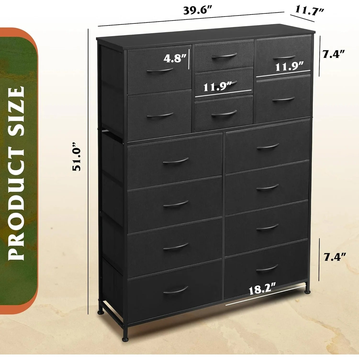 Tall Black Dresser for Bedroom Furniture, Fabric Dressers Storage Tower with 15 Deep Drawers,  Wooden Top