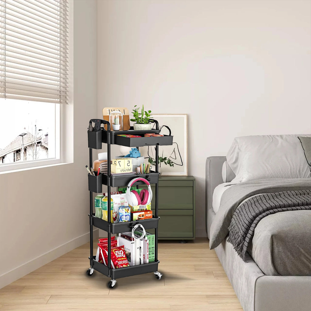 4 Tier Rolling Utility Cart with Drawer,With Drawer & Extended Poles,With Plastic Shelf & Lockable Wheels,Smooth Mobility